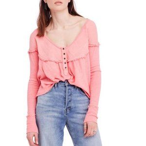 Free People Down Under Long Sleeve Raw-Trim Henley Sugar Coral